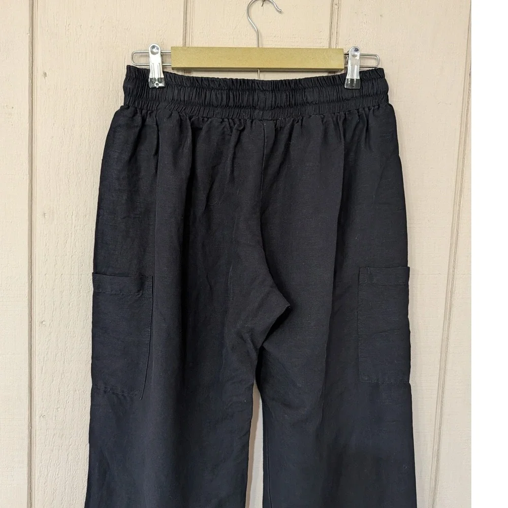 Morijana Jackie Black Linen Blend Wide Leg Cargo Pants Lagenlook Coastal S - Picture 8 of 11